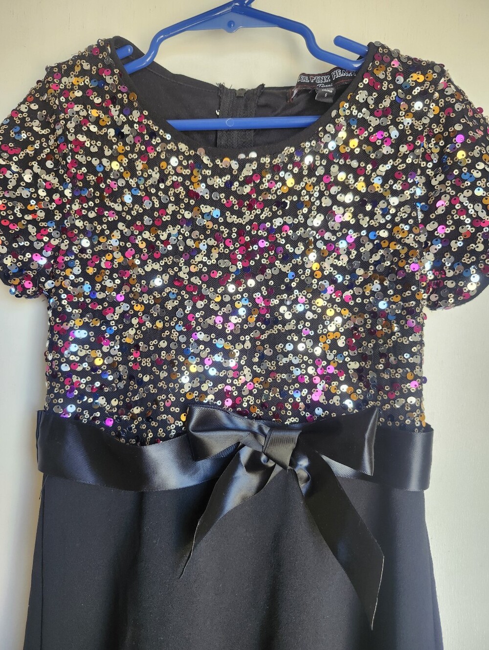 Kids Sequin Party Dress with Satin Bow - Black - Picture 3 of 6